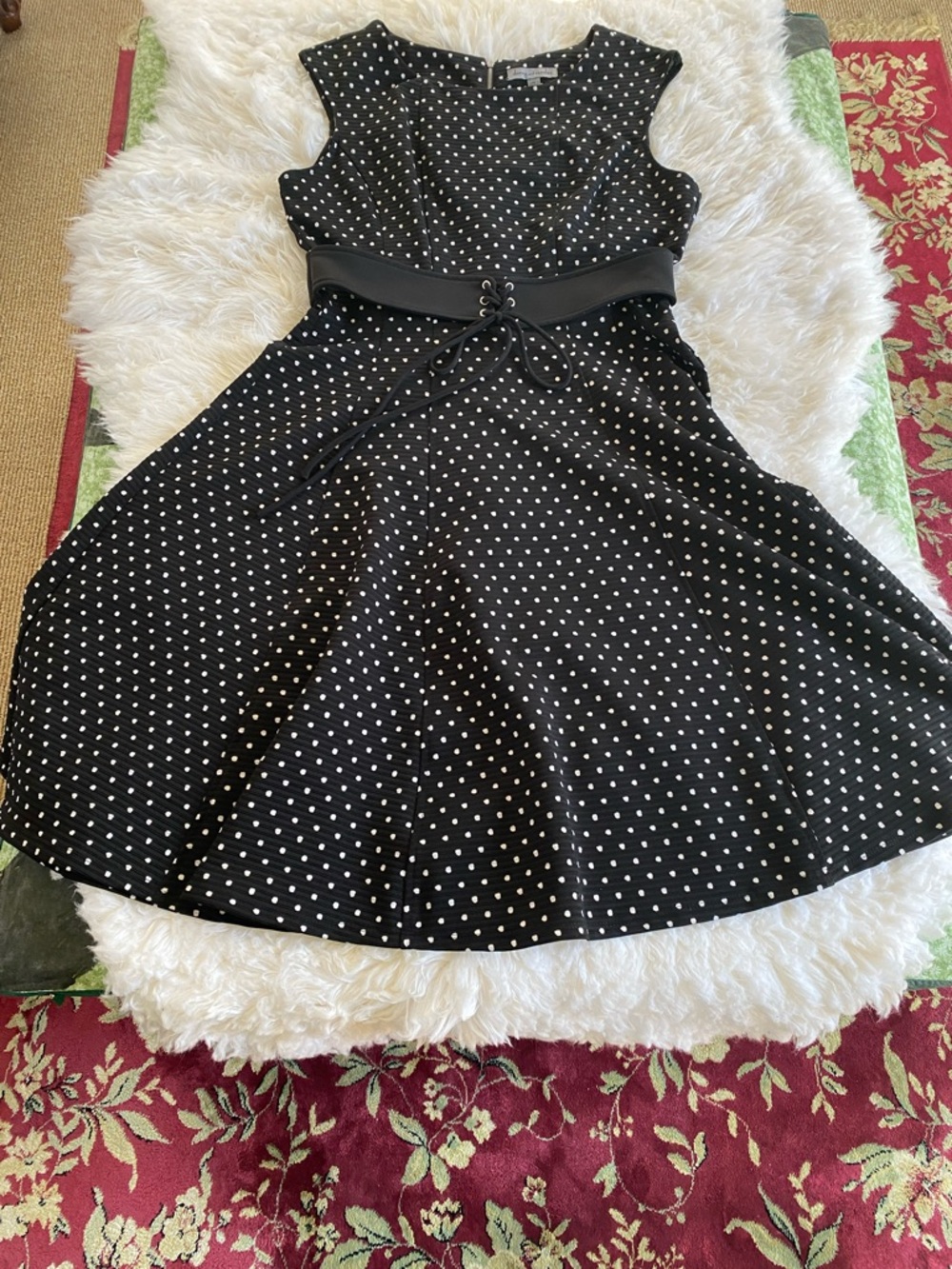Danny & Nicole Black Polka Dot Fit-and-Flare Dress with Lace-Up Waist